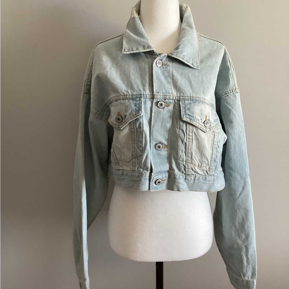 NWT Love Tree Oversized Distressed Cropped Jean Jacket, Size M